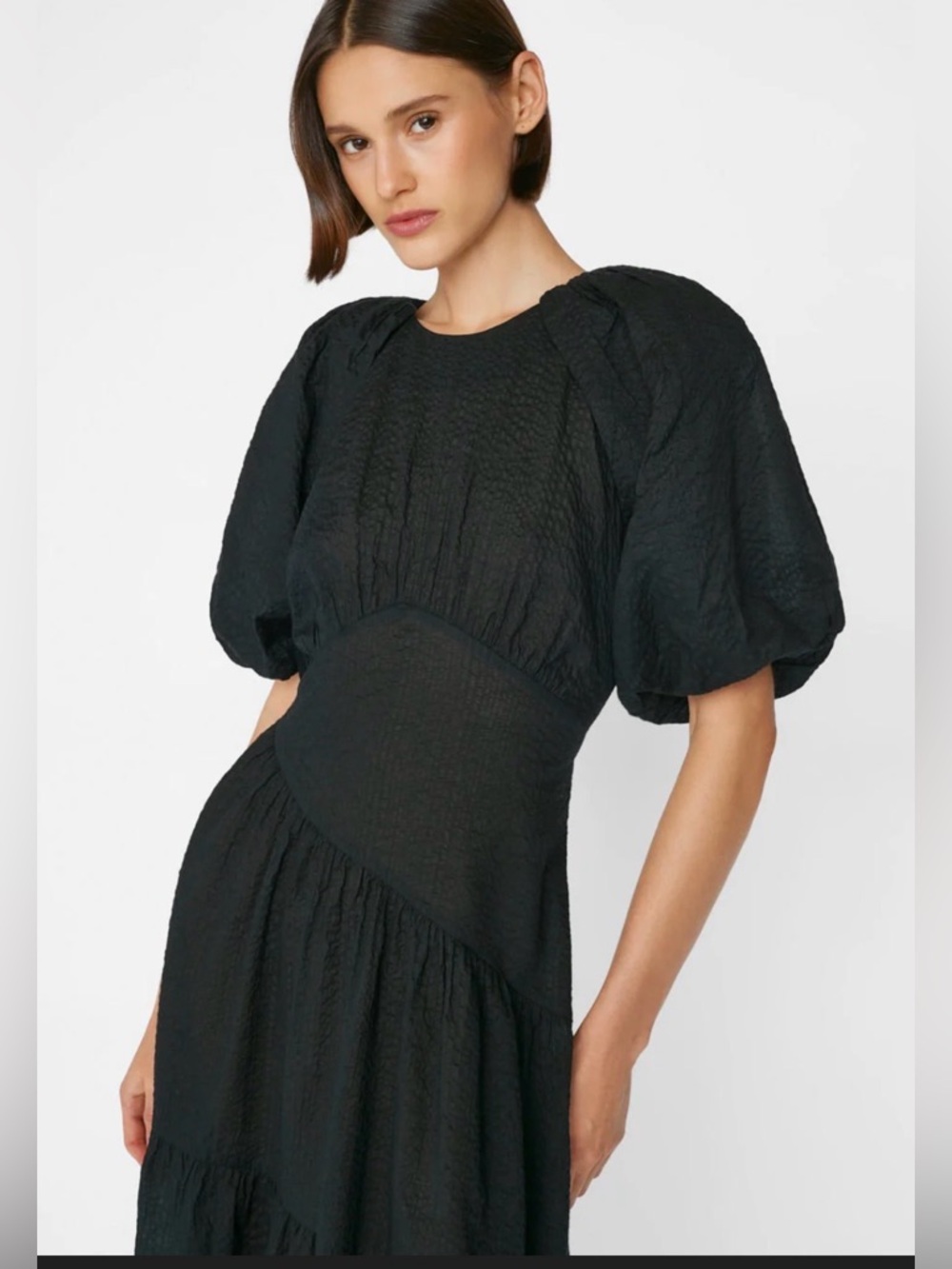Frame Black Puff-Sleeve Midi Dress